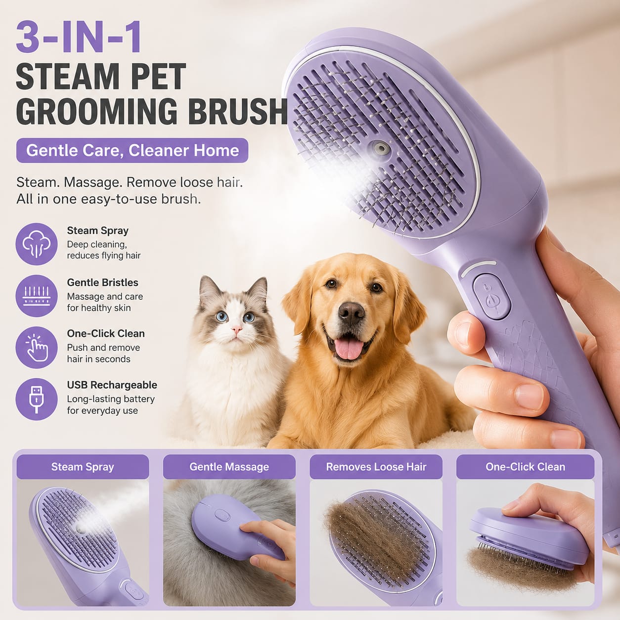SteamGlow™ 3-in-1 Steam Pet Grooming Brush | Self-Cleaning Cat & Dog Brush